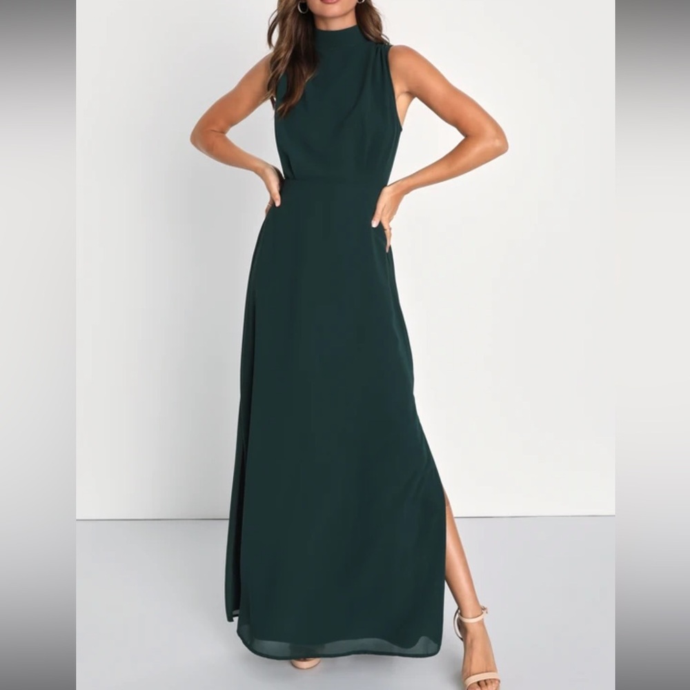 SOLD OUT NWT lulus Chiffon Sleeveless Mock Neck Maxi Dress dark green xs
